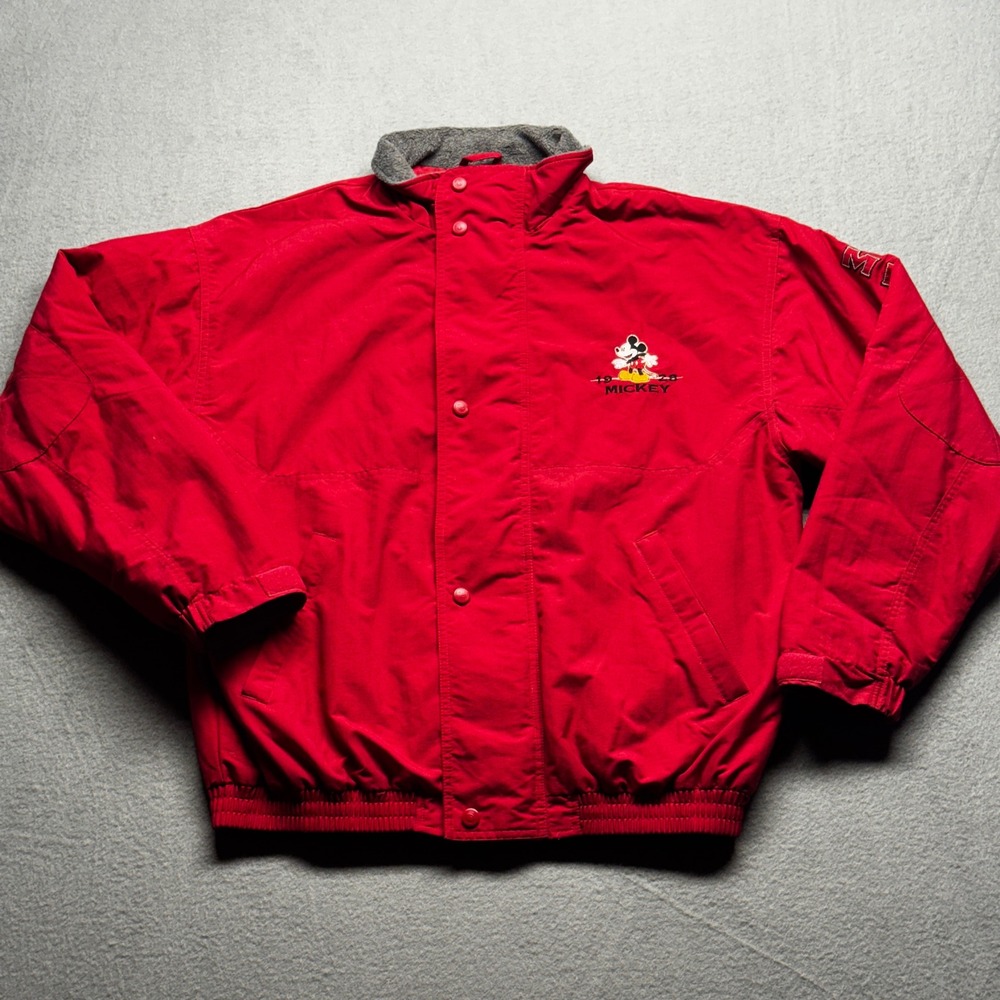 VTG Disney Store Mickey Mouse Red Bomber Jacket Fleece Lined Embroidered Size M